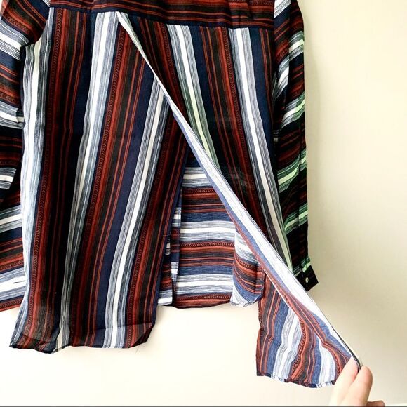 NWT Entro Rust Navy Blue Striped Spliced Back V Neck Long Sleeve Button Up Top - Picture 8 of 8